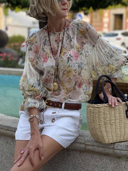 

Floral Crew Neck Vacation Blouse, Flower, Blouses and Shirts