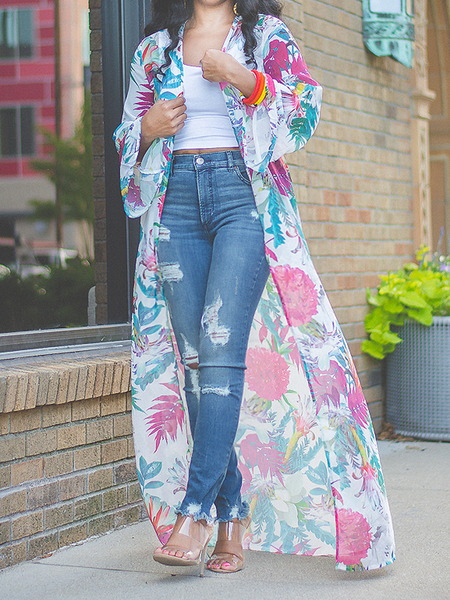 

Loose Vacation Floral Long sleeve Long Kimono, As picture, Coats