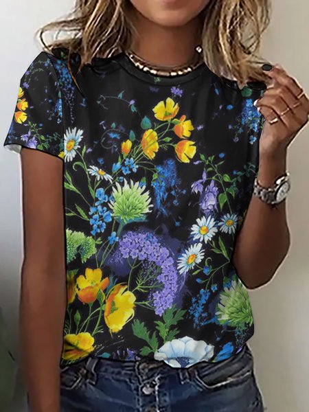 

Women’s Plant Pattern Floral Casual Loose Crew Neck Floral T-Shirt, As picture, T-shirts