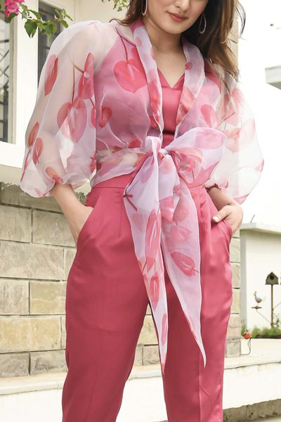 

Daily Organza V Neck Elegant Kimono, Pink, Others