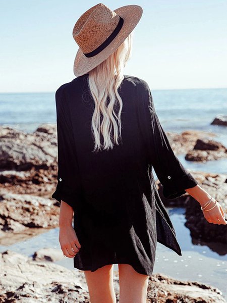 

Vacation Plain Stand Collar Coverup, Black, swimwear>>Cover Ups