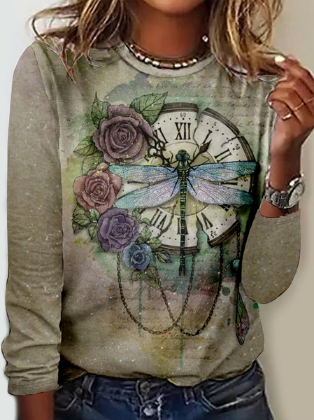 

Crew Neck Long Sleeve Dragonfly Regular Micro-Elasticity Regular Fit Blouse For Women, As picture, Blouses