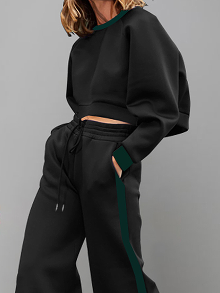 

Micro-Elasticity Urban Loose Crew Neck Color Block Long sleeve Sweatshirt, Black, Hoodies and Sweatshirts