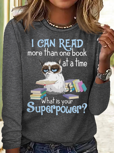 

Women's I Can Read More Than One Book At A Time Letters Casual Shirt, Gray, Long sleeves