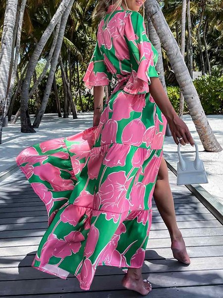 

V Neck Floral Print Vacation Dress, Green, Maxi Dresses