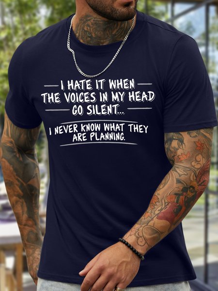 

Men's I Hate It When The Voices In My Head Go Silent I Never Know What They Are Planning Funny Graphic Printing Cotton Text Letters Casual Crew Neck T-Shirt, Purplish blue, T-shirts