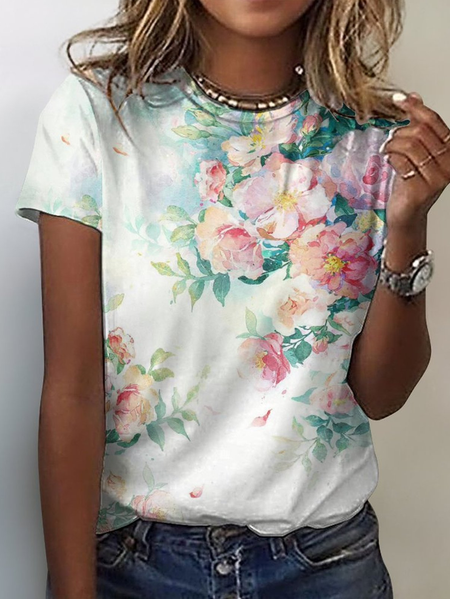 

Women's Watercolor Flower Art Print Casual T-Shirt, White, T-shirts