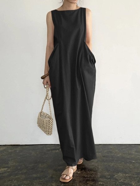 

Daily Long Boat Neck Plain Elegant Dress, Black, Maxi Dresses