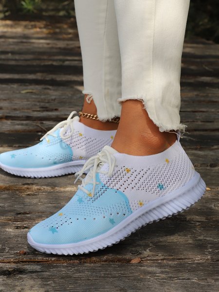 

Star Color Block Lace-up Front Breathable Flyknit Running Shoes, Light blue, Sneakers