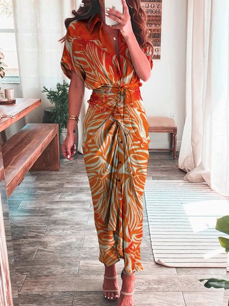 

Shirt Collar Regular Fit Vacation Maxi Dress, Orange, Maxi Dresses