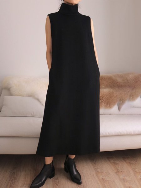 

Stand Collar Loose Casual Sleeveless Dress, Black, Maxi Dresses
