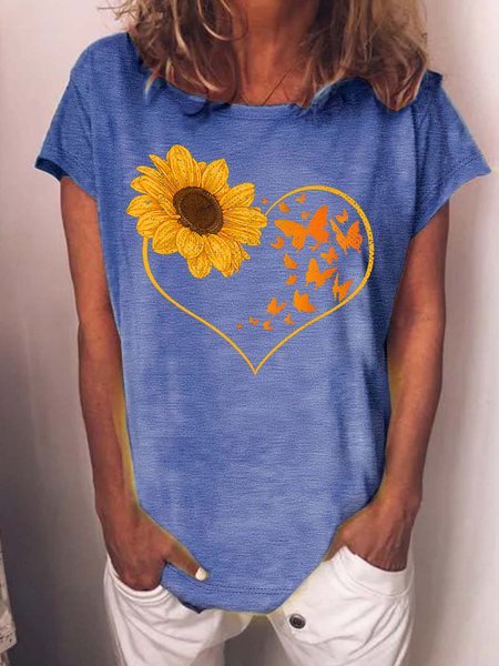 

Women’s Sunflower Butterflies Pattern Casual Loose Cotton Crew Neck T-Shirt, Blue, T-shirts