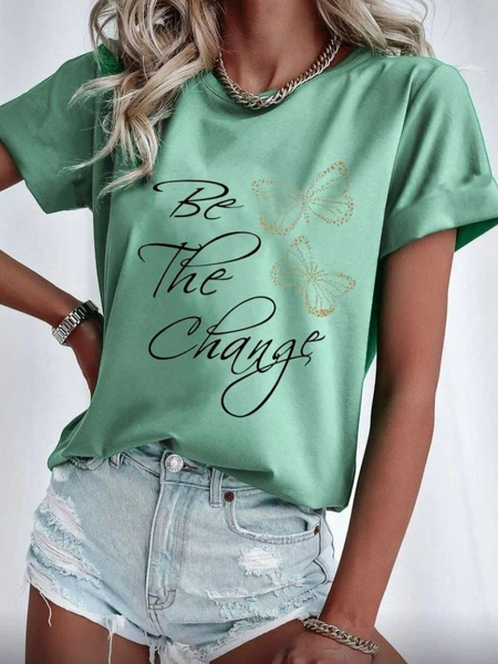 

Butterfly Casual Loose Crew Neck T-Shirt, Green, T-Shirts