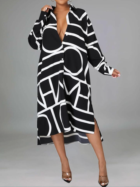 

Letter Striped Print Button Down Shirt Dress, Black-white, Midi Dresses