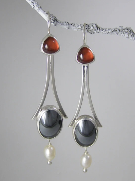 

Vintage Gemstone Pearl Earrings Ethnic Jewelry, Silver, Earrings