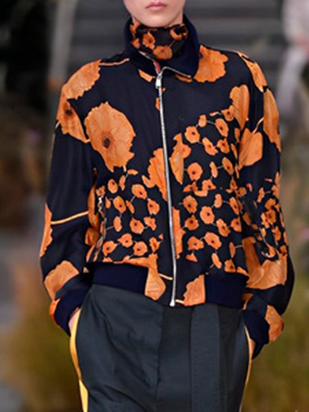 

Floral Print Loose Long Sleeve Zipper Jacket, Orange, Jackets