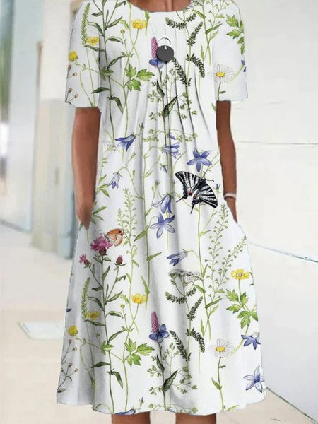

Floral Crew Neck Casual Loose Dress, White, Midi Dresses