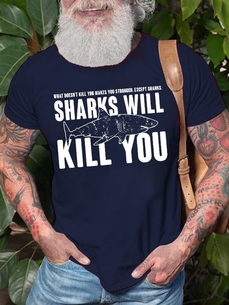 

Men's What Doesn‘T Kill You Makes You Stronger Except Sharks Sharks Will Like You Funny Graphic Printing Crew Neck Casual Cotton Text Letters T-Shirt, Purplish blue, T-shirts