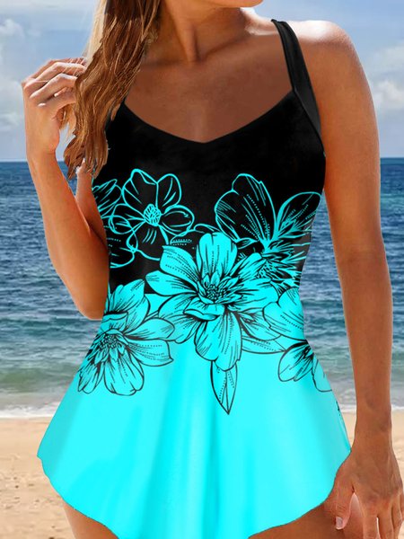 

Printing V Neck Floral Vacation Swim Dress, Blue, swimwear>>One-Pieces