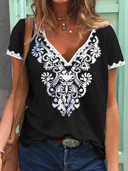 

Ethnic V Neck Loose T-Shirt, Black, T-Shirts