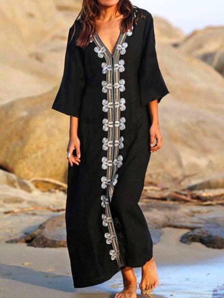 

Ethnic V Neck Casual Coverup, Black, swimwear>>Cover Ups