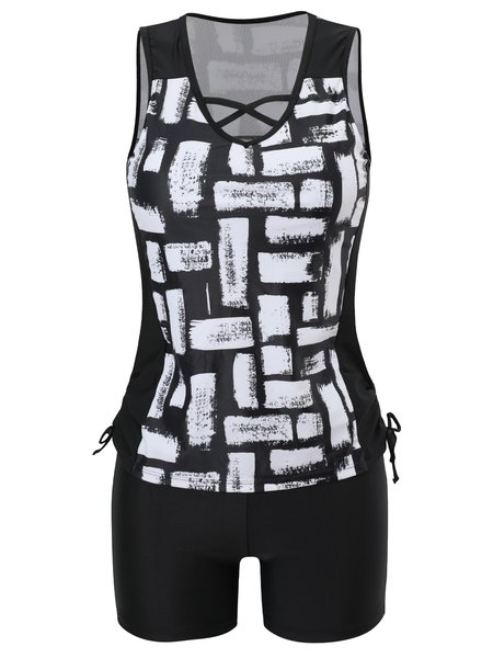 

Vacation Plants Printing Scoop Neck Tankini, Black-white, swimwear>>Tankinis