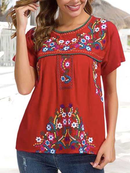 

Cotton Loose Ethnic Boho Shirt, Red, Shirts & Blouses