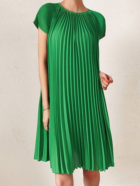 

Plain Elegant Short Sleeve Pleated Dress, Green, Mini Dresses