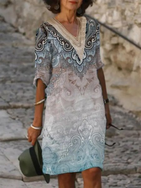 

V Neck Ethnic Loose Elegant Dress, Blue, Dresses
