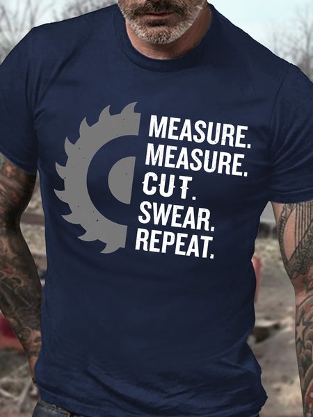 

Men's Measure Measure Cut Swear Repeat Wood Working Funny Graphic Printing Crew Neck Cotton Casual Text Letters T-Shirt, Purplish blue, T-shirts
