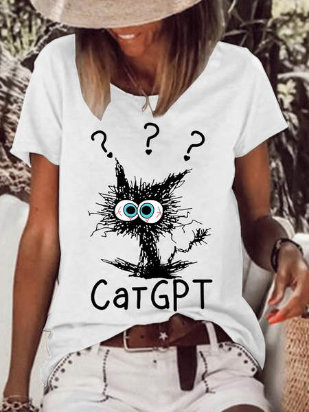 

Women's Funny Cat GPT Casual T-Shirt, White, T-shirts