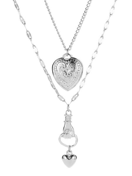 

Elegant Heart Pattern Thick Chain Multilayer Necklace Women Versatile Daily Jewelry, Silver, Necklaces