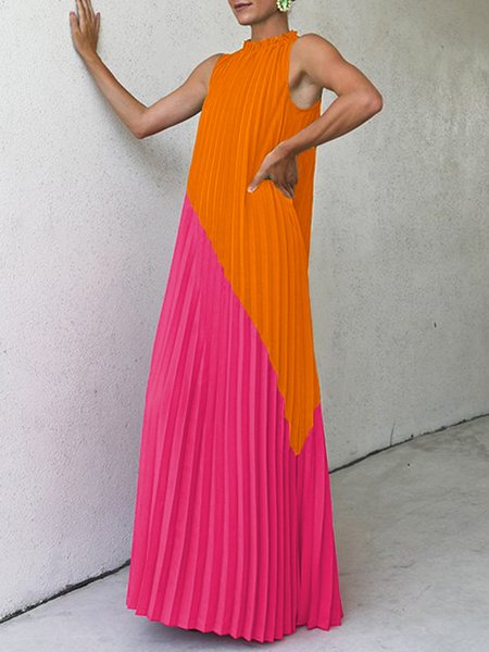 

Pleated Stand Collar Sleeveless Vacation Dress, Orange, Maxi Dresses