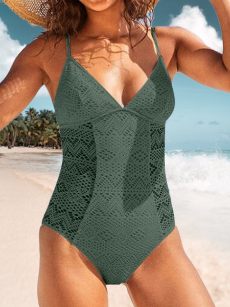 

Sexy Lace Plain V Neck One-Piece Swimsuit, Army green, swimwear>>Tankinis