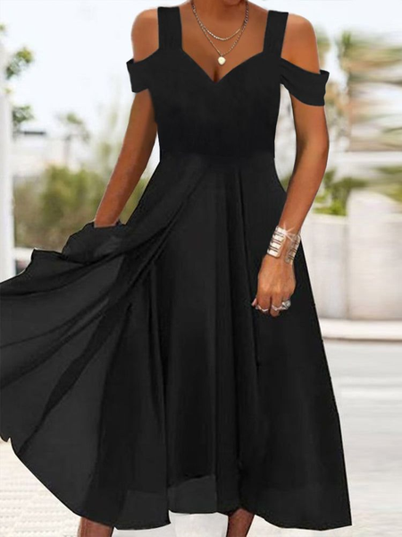 

Plain Casual Cold Shoulder Regular Fit Dress, Black, Formal Dresses