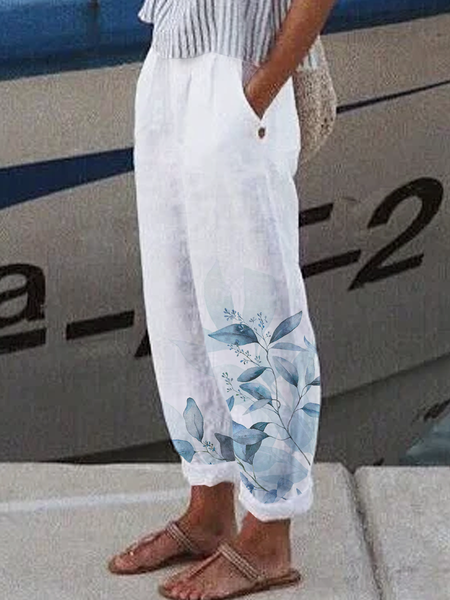 

Buttoned Casual Loose Floral Pants, White, Pants