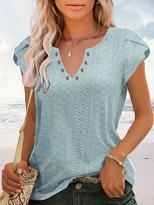 

V Neck Vacation Plain Shirt, Light blue, Tops