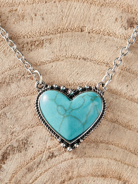 

Boho Natural Turquoise Heart Pattern Necklace Sweater Chain Ethnic Vintage Jewelry, Silver, Necklaces