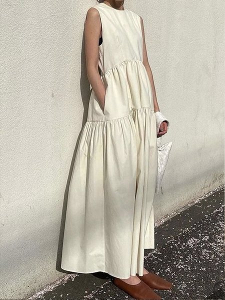 

Daily Crew Neck Regular Fit Elegant Dress, Off white, Maxi Dresses