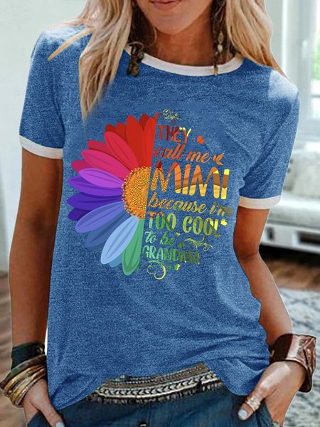 

Women's They Call Me Mimi Because I Am Too Cool To Be Grandma Funny Sunflower Graphic Printing Loose Text Letters Casual Crew Neck T-Shirt, Blue, T-shirts
