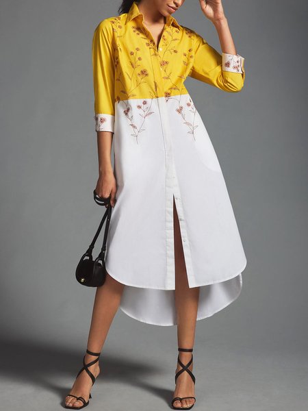 

Floral Loose Elegant Shirt Collar Color Block Dress, Yellow, Midi Dresses