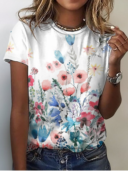 

Women's Flower Print Casual Crew Neck T-Shirt, White, T-shirts