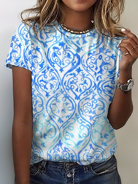 

Women's Art Print Casual Crew Neck T-Shirt, Blue, T-shirts