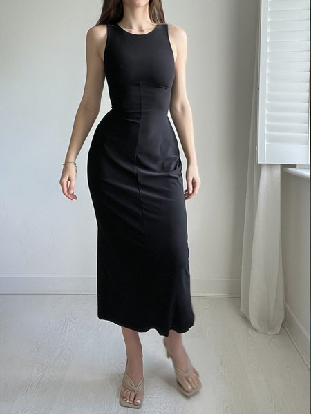 

Crew Neck Daily Elegant Plain Regular Fit Dress, Black, Midi Dresses