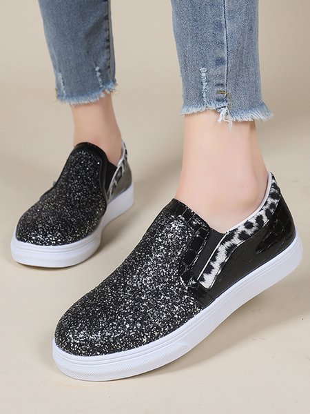 

Women's Glitter Metallic Crocodile Embossed Slip On Shoes, Black, Flats