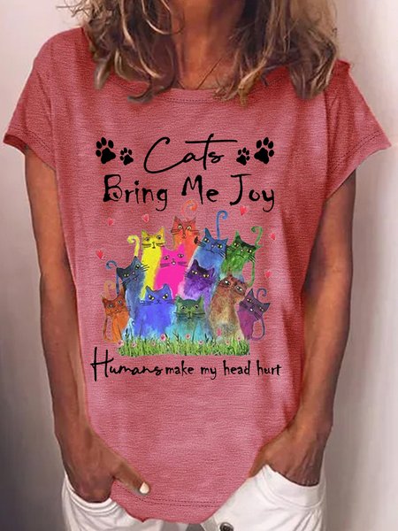 

Women's Cats Bring Me Joy Humans Make My Head Hurt Casual Crew Neck T-Shirt, Red, T-shirts