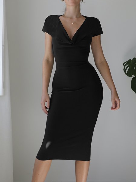 

V Neck Regular Fit Plain Elegant Dress, Black, Midi Dresses