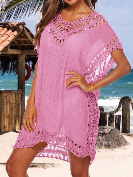 

Crochet Plain V Neck Vacation Coverup, Pink, swimwear>>Cover Ups
