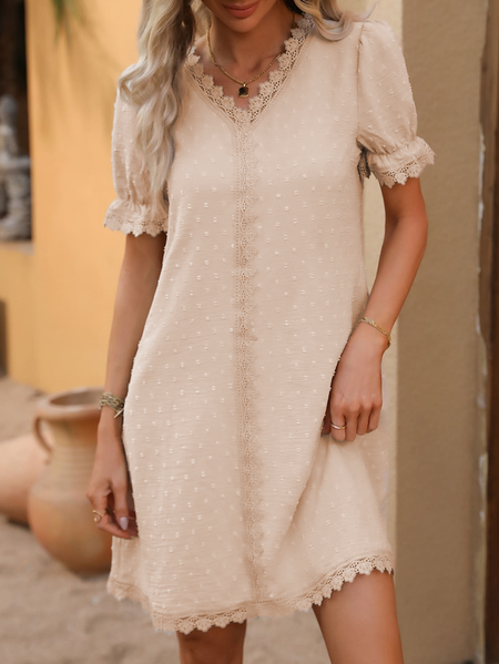

V Neck Lace Casual Loose Dress, Apricot, Dresses