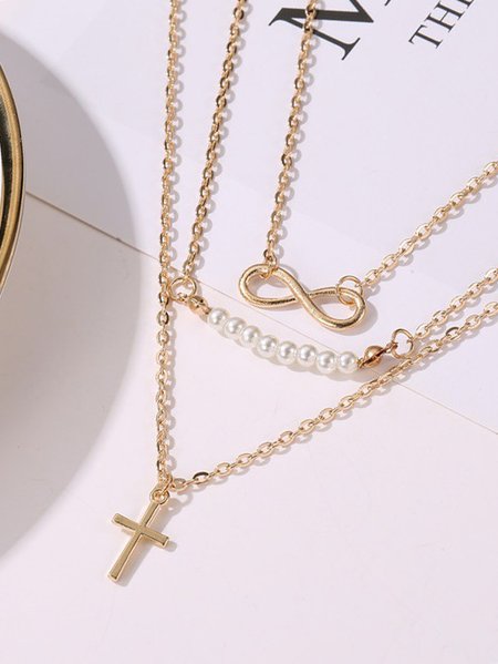 Casual Cross Eternity Pattern Pearl Layered Necklace Dress Holiday Jewelry, Golden, Necklaces